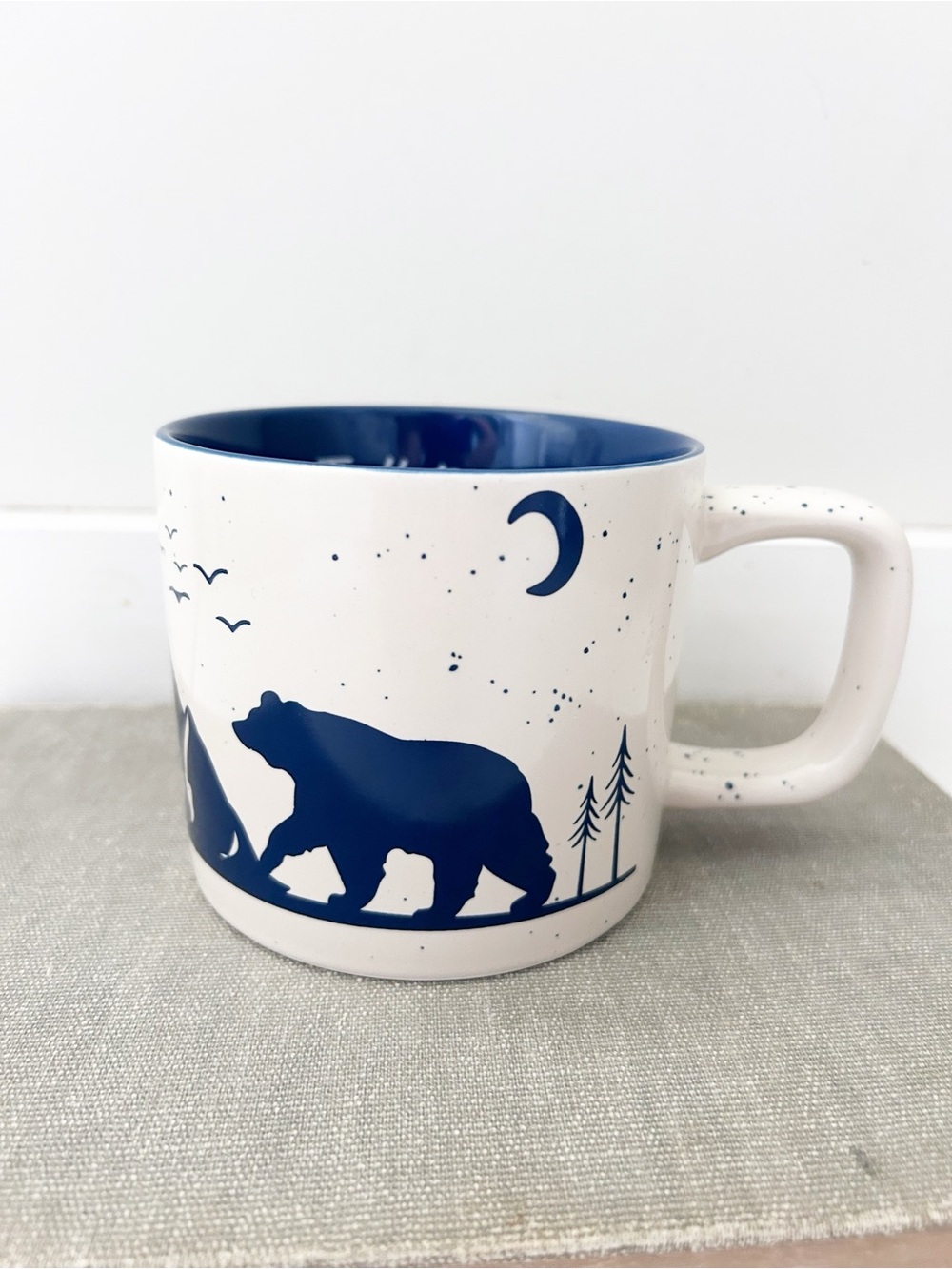 Tim Hortons Mountain Scene 2019 Coffee Mug Cream Blue Bear Pine Trees Ceramic